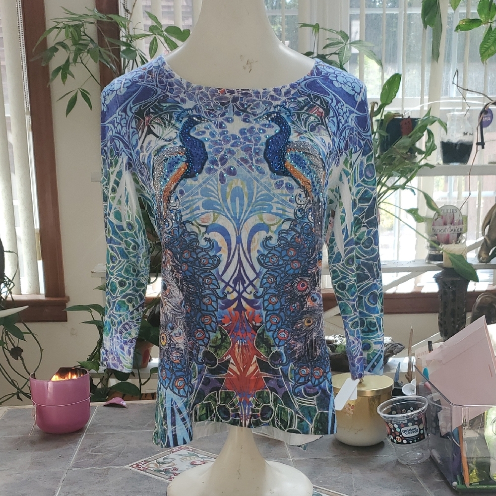 JM Collection Blue and White Graphic 3/4 Sleeve Blouse